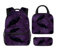ewndhtse Set di zaino per la scuola con borsa per il pranzo e astuccio, set da 3 pezzi, zaino da viaggio, zaino casual per adolescenti, ragazze, ragazzi, primaria, junior, medio, corvo sul web, viola