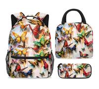 ewndhtse Set di zaino per la scuola con borsa per il pranzo e astuccio, set da 3 pezzi, zaino da viaggio, zaino casual per adolescenti, ragazze, ragazzi, primaria, junior, medio, farfalla colorata su