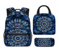 ewndhtse Set di zaino per la scuola con borsa per il pranzo e astuccio, set da 3 pezzi, zaino da viaggio, zaino casual per adolescenti, ragazze, ragazzi, primaria, junior, medio, blu mandala floreale