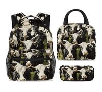 ewndhtse Set di zaino per la scuola con borsa per il pranzo e astuccio, set da 3 pezzi, zaino da viaggio, zaino casual per adolescenti, ragazze, ragazzi, primaria, junior, media, mucche in fattoria