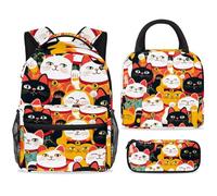 ewndhtse Set di zaino per la scuola con borsa per il pranzo e astuccio, set da 3 pezzi, zaino da viaggio, zaino casual per adolescenti, ragazze, ragazzi, primaria, junior, media, senza cuciture, gatti