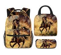 ewndhtse Set di zaino per la scuola con borsa per il pranzo e astuccio, set da 3 pezzi, zaino da viaggio, zaino casual per adolescenti, ragazze, ragazzi, primaria, junior, medio, un cavallo nel