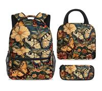 ewndhtse Set di zaino per la scuola con borsa per il pranzo e astuccio, set da 3 pezzi, zaino da viaggio, zaino casual per adolescenti, ragazze, ragazzi, primaria, junior, media, due farfalle su fiori