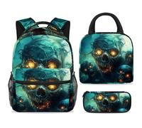 ewndhtse Set di zaino per la scuola con borsa per il pranzo e astuccio, set da 3 pezzi, zaino da viaggio, zaino casual per adolescenti, ragazze, ragazzi, primaria, junior, media, horror morti, teschi