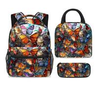 ewndhtse Set di zaino per la scuola con borsa per il pranzo e astuccio, set da 3 pezzi, zaino da viaggio, zaino casual per adolescenti, ragazze, ragazzi, primaria, junior, medio, belle farfalle