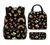 ewndhtse Set di zaino per la scuola con borsa per il pranzo e astuccio, set da 3 pezzi, zaino da viaggio, zaino casual per adolescenti, ragazze, ragazzi, primaria, junior, medio, api felici