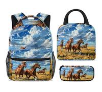 ewndhtse Set di zaino per la scuola con borsa per il pranzo e astuccio, set da 3 pezzi, zaino da viaggio, zaino casual per adolescenti, ragazze, ragazzi, primaria, junior, medio, cavalli che corrono