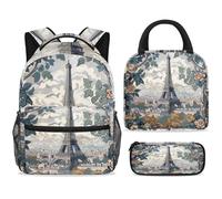 ewndhtse Set di zaino per la scuola con borsa per il pranzo e astuccio, set da 3 pezzi, zaino da viaggio, zaino casual per adolescenti, ragazze, ragazzi, primaria, junior, media, città di Parigi Torre