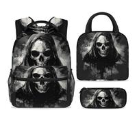 ewndhtse Set di zaino per la scuola con borsa per il pranzo e astuccio, set da 3 pezzi, zaino da viaggio, zaino casual per adolescenti, ragazze, ragazzi, primaria, junior, media, zombi, teschio