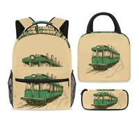 ewndhtse Set di zaino per la scuola con borsa per il pranzo e astuccio, set da 3 pezzi, zaino da viaggio, zaino casual per adolescenti, ragazze, ragazzi, primaria, junior, medio, retro verde tram