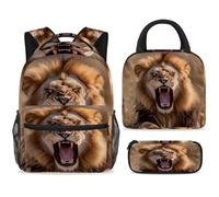 ewndhtse Set di zaino per la scuola con borsa per il pranzo e astuccio, set da 3 pezzi, zaino da viaggio, zaino casual per adolescenti, ragazze, ragazzi, primaria, junior, medio, leone ruggente