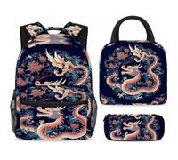 ewndhtse Set di zaino per la scuola con borsa per il pranzo e astuccio, set da 3 pezzi, zaino da viaggio, zaino casual per adolescenti, ragazze, ragazzi, primaria, junior, medio, tradizionale Dragon
