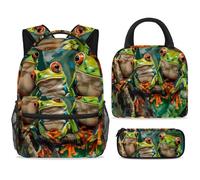 ewndhtse Set di zaino per la scuola con borsa per il pranzo e astuccio, set da 3 pezzi, zaino da viaggio, zaino casual per adolescenti, ragazze, ragazzi, primaria, junior, media, tre rane