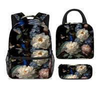 ewndhtse Set di zaino per la scuola con borsa per il pranzo e astuccio, set da 3 pezzi, zaino da viaggio, zaino casual per adolescenti, ragazze, ragazzi, primaria, junior, medio, con fiori di peonia