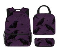 ewndhtse Set di zaino per la scuola con borsa per il pranzo e astuccio, set da 3 pezzi, zaino da viaggio, zaino casual per adolescenti, ragazze, ragazzi, primaria, junior, medio, corvo nero e