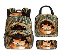 ewndhtse Set di zaino per la scuola con borsa per il pranzo e astuccio, set da 3 pezzi, zaino da viaggio, zaino casual per adolescenti, ragazze, ragazzi, primaria, junior, medio, volpi sulla grotta