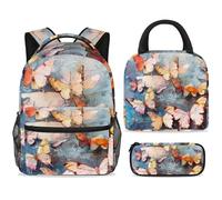 ewndhtse Set di zaino per la scuola con borsa per il pranzo e astuccio, set da 3 pezzi, zaino da viaggio, zaino casual per adolescenti, ragazze, ragazzi, primaria, junior, medio, belle farfalle