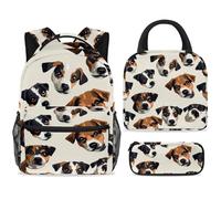 ewndhtse Set di zaino per la scuola con borsa per il pranzo e astuccio, set da 3 pezzi, zaino da viaggio, zaino casual per adolescenti, ragazze, ragazzi, primaria, junior, media, con cane Jack Russell