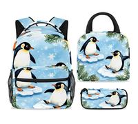 ewndhtse Set di zaino per la scuola con borsa per il pranzo e astuccio, set da 3 pezzi, zaino da viaggio, zaino casual per adolescenti, ragazze, ragazzi, primaria, junior, media, due pinguini sul