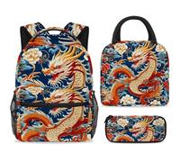 ewndhtse Set di zaino per la scuola con borsa per il pranzo e astuccio, set da 3 pezzi, zaino da viaggio, zaino casual per adolescenti, ragazze, ragazzi, primaria, junior, medio, drago cinese, peonia