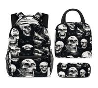 ewndhtse Set di zaino per la scuola con borsa per il pranzo e astuccio, set da 3 pezzi, zaino da viaggio, zaino casual per adolescenti, ragazze, ragazzi, primaria, junior, medio, teschi pirati veliero