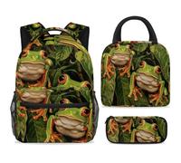 ewndhtse Set di zaino per la scuola con borsa per il pranzo e astuccio, set da 3 pezzi, zaino da viaggio, zaino casual per adolescenti, ragazze, ragazzi, primaria, junior, media, due rane su foglia