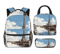 ewndhtse Set di zaino per la scuola con borsa per il pranzo e astuccio, set da 3 pezzi, zaino da viaggio, zaino casual per adolescenti, ragazze, ragazzi, primaria, junior, media, torre Eiffel, fiume