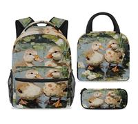 ewndhtse Set di zaino per la scuola con borsa per il pranzo e astuccio, set da 3 pezzi, zaino da viaggio, zaino casual per adolescenti, ragazze, ragazzi, primaria, junior, media, motivo: anatre su