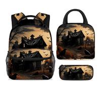 ewndhtse Set di zaino per la scuola con borsa per il pranzo e astuccio, set da 3 pezzi, zaino da viaggio, zaino casual per adolescenti, ragazze, ragazzi, primaria, junior, media, casa abbandonata