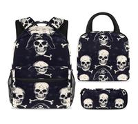 ewndhtse Set di zaino per la scuola con borsa per il pranzo e astuccio, set da 3 pezzi, zaino da viaggio, zaino casual per adolescenti, ragazze, ragazzi, primaria, junior, medio, teschi, ossa pirata