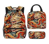 ewndhtse Set di zaino per la scuola con borsa per il pranzo e astuccio, set da 3 pezzi, zaino da viaggio, zaino casual per adolescenti, ragazze, ragazzi, primaria, junior, medio, draghi di buon