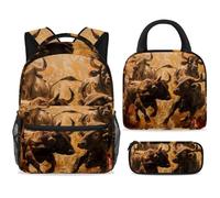 ewndhtse Set di zaino per la scuola con borsa per il pranzo e astuccio, set da 3 pezzi, zaino da viaggio, zaino casual per adolescenti, ragazze, ragazzi, primaria, junior, media, tori in corsa