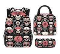 ewndhtse Set di zaino per la scuola con borsa per il pranzo e astuccio, set da 3 pezzi, zaino da viaggio, zaino casual per adolescenti, ragazze, ragazzi, primaria, junior, medio, teschi di zucchero