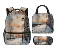 ewndhtse Set di zaino per la scuola con borsa per il pranzo e astuccio, set da 3 pezzi, zaino da viaggio, zaino casual per adolescenti, ragazze, ragazzi, primaria, junior, media, inverno, neve, città