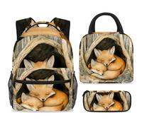 ewndhtse Set di zaino per la scuola con borsa per il pranzo e astuccio, set da 3 pezzi, zaino da viaggio, zaino casual per adolescenti, ragazze, ragazzi, primaria, junior, medio, volpe, madre e