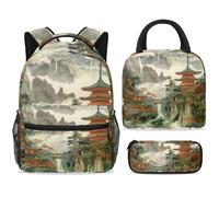ewndhtse Set di zaino per la scuola con borsa per il pranzo e astuccio, set da 3 pezzi, zaino da viaggio, zaino casual per adolescenti, ragazze, ragazzi, primaria, junior, media, templi in montagna