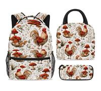 ewndhtse Set di zaino per la scuola con borsa per il pranzo e astuccio, set da 3 pezzi, zaino da viaggio, zaino casual per adolescenti, ragazze, ragazzi, primaria, junior, media, funghi e galli