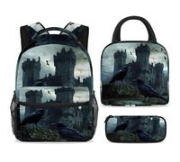 ewndhtse Set di zaino per la scuola con borsa per il pranzo e astuccio, set da 3 pezzi, zaino da viaggio, zaino casual per adolescenti, ragazze, ragazzi, primaria, junior, medio, con corvi neri prima