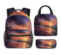 ewndhtse Set di zaino per la scuola con borsa per il pranzo e astuccio, set da 3 pezzi, zaino da viaggio, zaino casual per adolescenti, ragazze, ragazzi, primaria, junior, medio, tramonto e spiaggia