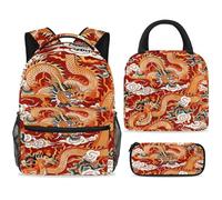 ewndhtse Set di zaino per la scuola con borsa per il pranzo e astuccio, set da 3 pezzi, zaino da viaggio, zaino casual per adolescenti, ragazze, ragazzi, primaria, junior, medio, rosso drago cinese