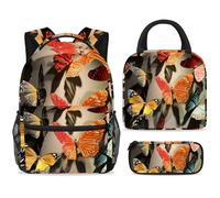 ewndhtse Set di zaino per la scuola con borsa per il pranzo e astuccio, set da 3 pezzi, zaino da viaggio, zaino casual per adolescenti, ragazze, ragazzi, primaria, junior, medio, belle farfalle e
