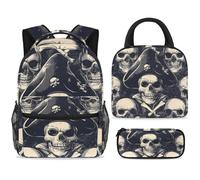 ewndhtse Set di zaino per la scuola con borsa per il pranzo e astuccio, set da 3 pezzi, zaino da viaggio, zaino casual per adolescenti, ragazze, ragazzi, primaria, junior, media, teschi pirata