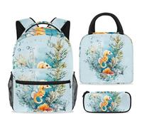 ewndhtse Set di zaino per la scuola con borsa per il pranzo e astuccio, set da 3 pezzi, zaino da viaggio, zaino casual per adolescenti, ragazze, ragazzi, primaria, junior, medio, cavalluccio marino su
