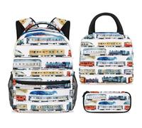 ewndhtse Set di zaino per la scuola con borsa per il pranzo e astuccio, set da 3 pezzi, zaino da viaggio, zaino casual per adolescenti, ragazze, ragazzi, primaria, junior, medio, acquerello, ferrovia