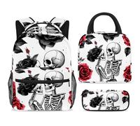 ewndhtse Set di zaino per la scuola con borsa per il pranzo e astuccio, set da 3 pezzi, zaino da viaggio, zaino casual per adolescenti, ragazze, ragazzi, primaria, junior, media, teschio, amante degli