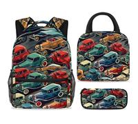 ewndhtse Set di zaino per la scuola con borsa per il pranzo e astuccio, set da 3 pezzi, zaino da viaggio, zaino casual per adolescenti, ragazze, ragazzi, primarie, junior e medie, motivo: auto retrò