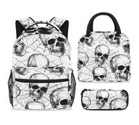 ewndhtse Set di zaino per la scuola con borsa per il pranzo e astuccio, set da 3 pezzi, zaino da viaggio, zaino casual per adolescenti, ragazze, ragazzi, primaria, junior, medio, ragnatela, teschio