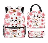 ewndhtse Set di zaino per la scuola con borsa per il pranzo e astuccio, set da 3 pezzi, zaino da viaggio, zaino casual per adolescenti, ragazze, ragazzi, primaria, junior, medio, gatti fortunati