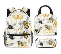 ewndhtse Set di zaino per la scuola con borsa per il pranzo e astuccio, set da 3 pezzi, zaino da viaggio, zaino casual per adolescenti, ragazze, ragazzi, primaria, junior, media, a forma di api su