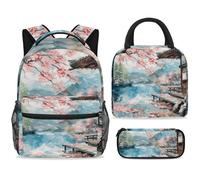 ewndhtse Set di zaino per la scuola con borsa per il pranzo e astuccio, set da 3 pezzi, zaino da viaggio, zaino casual per adolescenti, ragazze, ragazzi, primaria, junior, medio, pittura lago capanna